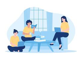 Group of friends with books meet at home  study together concept flat illustration vector