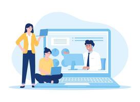 Online courses and tutorials using computers and laptops concept flat illustration vector