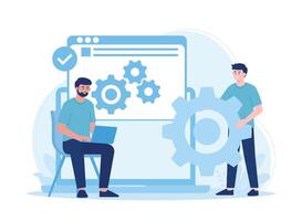 technical support that works on repairing computer hardware and software. concept flat illustration vector