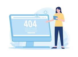 a woman shows a 404 error page not found concept flat illustration vector