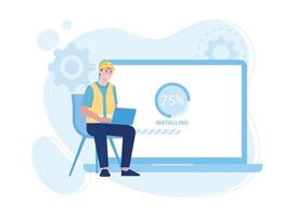 man with laptop installing software update concept flat illustration vector