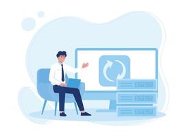 man with laptop synchronizing big data concept flat illustration vector