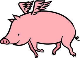 Hand drawn flying pig color vector illustration