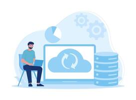 man doing storage backup using laptop concept flat illustration vector