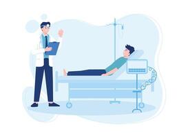 médico visitas paciente en hospital habitación. hombre acostado en cama concepto plano ilustración vector