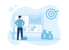 a man with a tablet analyzes infographics. diagrams  bar charts  reports concept flat illustration vector