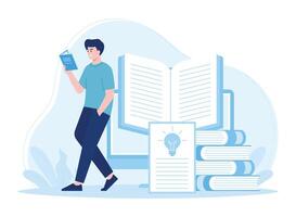 man reading book online and thinking concept flat illustration vector