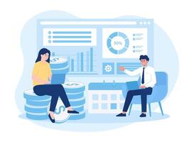 two workers using laptops analyze growth graphs. diagrams  bar charts  flat illustration concept reports concept flat illustration vector