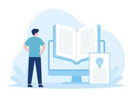 un hombre es mirando para un idea en un libro concepto plano ilustración vector