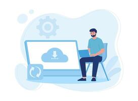 man by synchronizing cloud data  concept flat illustration vector