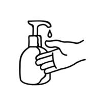 Disinfected hand using disinfectant . Hand drawn vector illustration. Editable line stroke.