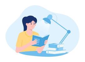 A woman reading with a stack of books and a study lamp concept flat illustration vector