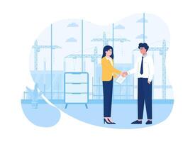 The representatives will shake hands with the team in an agreement to build the company concept flat illustration vector