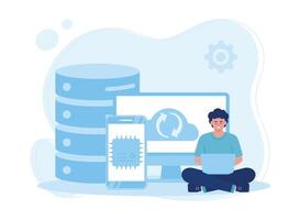 man backups data in cloud concept flat illustration vector