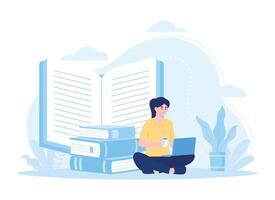 mujer sentado en frente de ordenador portátil y leyendo en línea libro en línea educación concepto plano ilustración vector