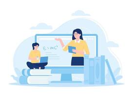 Online courses and tutorials using computers and laptops concept flat illustration vector