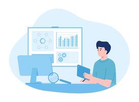 A worker is analyzing business market improvement charts concept flat illustration vector