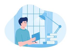 Man at home studying with tablet  book and study lamp concept flat illustration vector