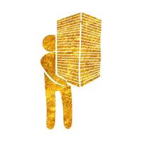 Hand drawn man holding pile of papers icon in gold foil texture vector illustration