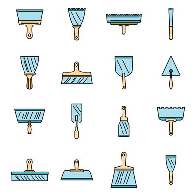 Construction putty knife icons set vector color line