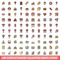 100 confectionery valentine menu icons set, color line style vector