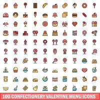 100 confectionery valentine menu icons set, color line style vector