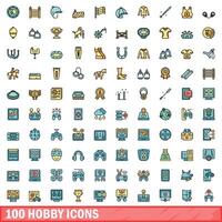 100 hobby icons set, color line style vector