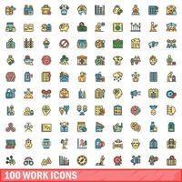 100 work icons set, color line style vector