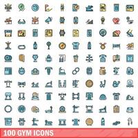 100 gym icons set, color line style vector