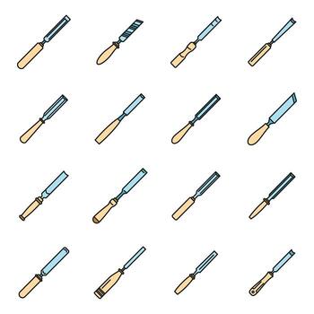 Carpenter chisel icons set vector color line