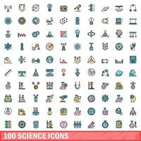 100 science icons set, color line style vector