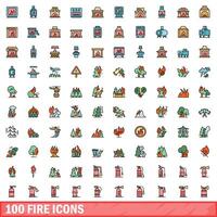 100 fire icons set, color line style vector