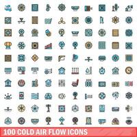 100 cold air flow icons set, color line style vector