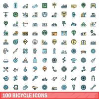 100 bicycle icons set, color line style vector