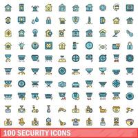 100 security icons set, color line style vector