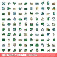 100 money bundle icons set, color line style vector