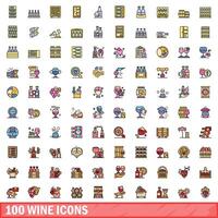 100 wine icons set, color line style vector