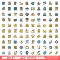 100 pet shop interior icons set, color line style vector