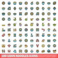 100 udon noodles icons set, color line style vector