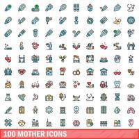 100 mother icons set, color line style vector