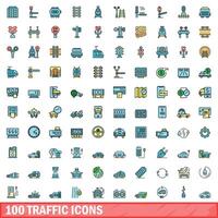 100 traffic icons set, color line style vector