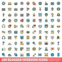 100 blogger interview icons set, color line style vector