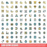 100 gym icons set, color line style vector