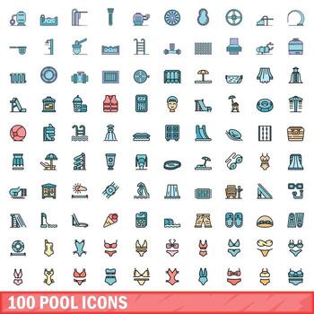 100 pool icons set, color line style vector