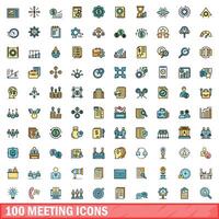 100 meeting icons set, color line style vector