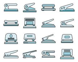 Hole puncher accessory icons set vector color line
