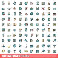 100 internet icons set, color line style vector