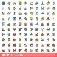 100 wine icons set, color line style vector