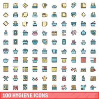 100 hygiene icons set, color line style vector