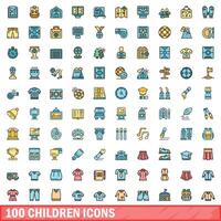 100 children icons set, color line style vector